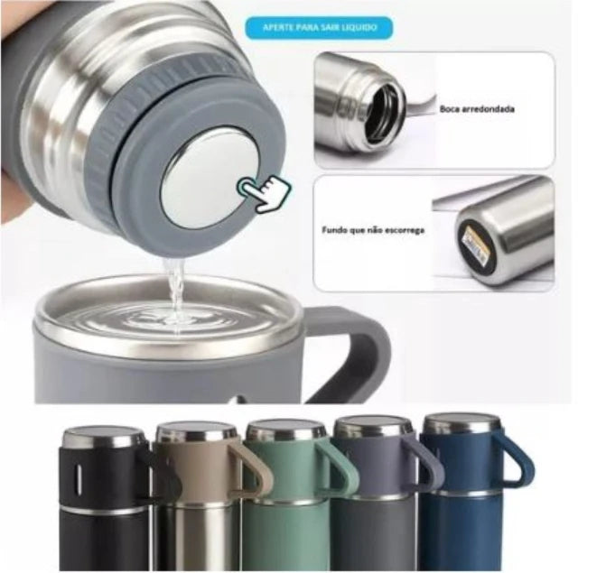 SKYTUR – Kit Térmico Completo para Todas as Estações! Garrafa Térmica 500ml + Tampa Multiuso + Xícaras | Quente & Frio | Envio Imediato!