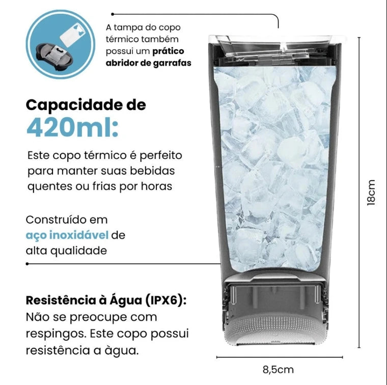Copo Termico 420ml Tampa Abridor Cerveja Caixa Som Bluetooth