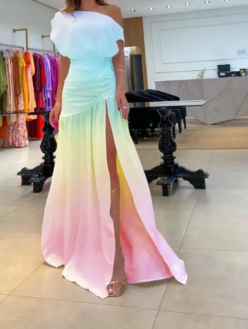 Womens Dresses 2025 Summer New Solid Color Off Shoulder Short Sleeve Ruched High Waist Casual Sexy High Slit Vacation Dress