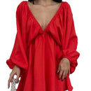 New Casual V-Neck Long Sleeve Dress with Bubble Sleeves and Large Swing Skirt 2025 Summer Women's Fashion Loose Mini Dresses