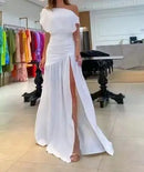 Womens Dresses 2025 Summer New Solid Color Off Shoulder Short Sleeve Ruched High Waist Casual Sexy High Slit Vacation Dress