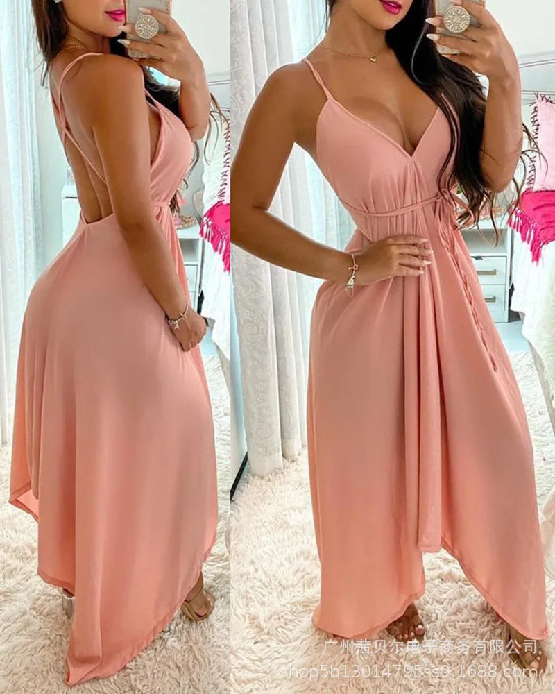 Womens Dresses 2025 Summer New Solid Color V-Neck Lace-Up Sleeveless Sexy Backless Irregular Hem Casual Daily Long Dress