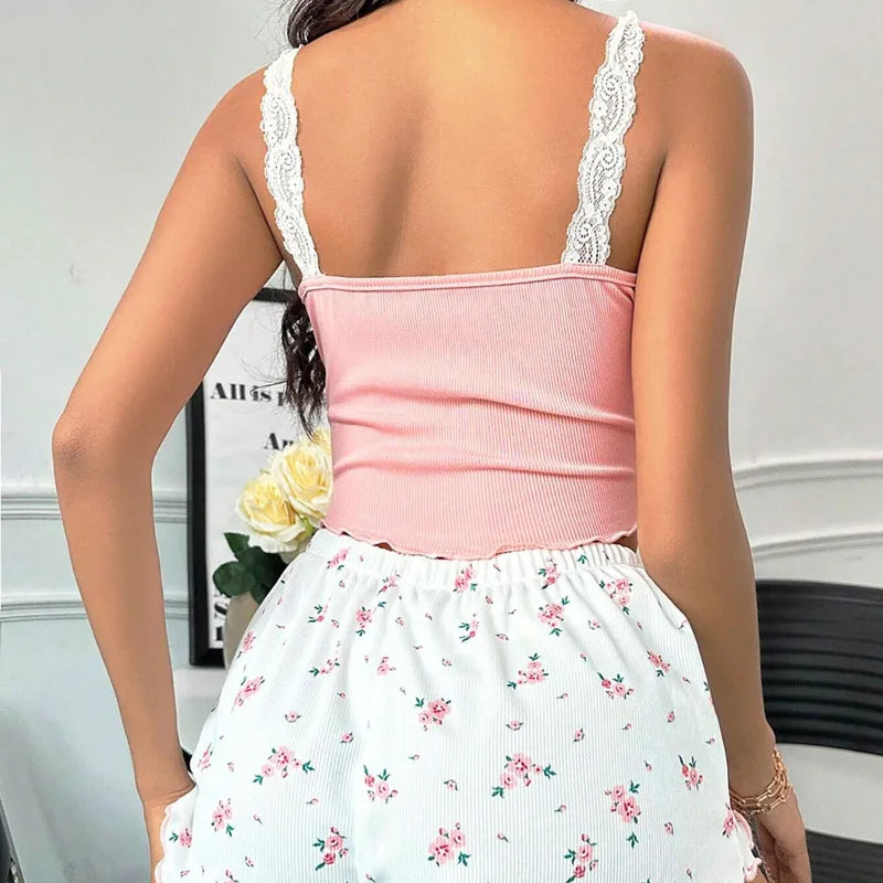 Lace Sexy Suspender Pajama Set with V-Neck Lace Patchwork Sleeveless Suspender Top and Slim Lace Flower Print Shorts Set