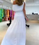 Womens Dresses 2025 Summer New Solid Color Off Shoulder Short Sleeve Ruched High Waist Casual Sexy High Slit Vacation Dress