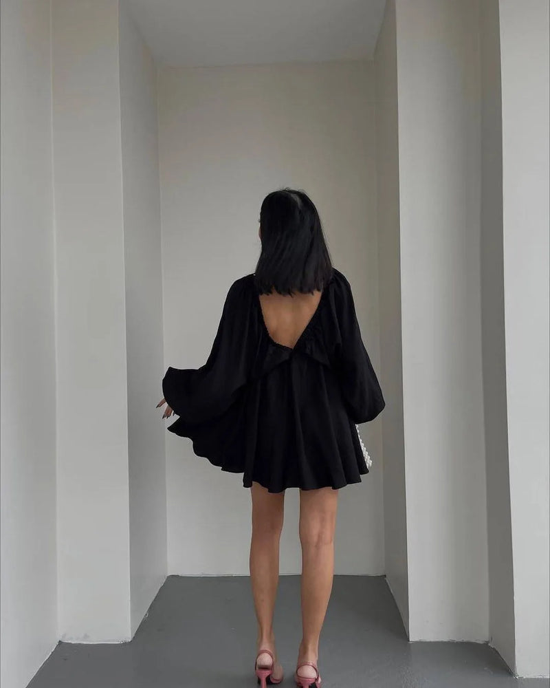 New Casual V-Neck Long Sleeve Dress with Bubble Sleeves and Large Swing Skirt 2025 Summer Women's Fashion Loose Mini Dresses