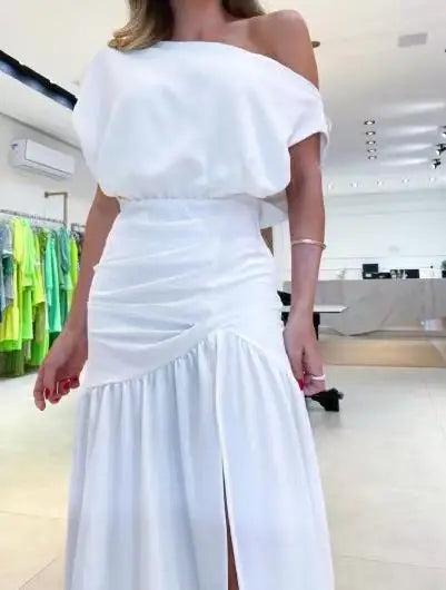 Womens Dresses 2025 Summer New Solid Color Off Shoulder Short Sleeve Ruched High Waist Casual Sexy High Slit Vacation Dress