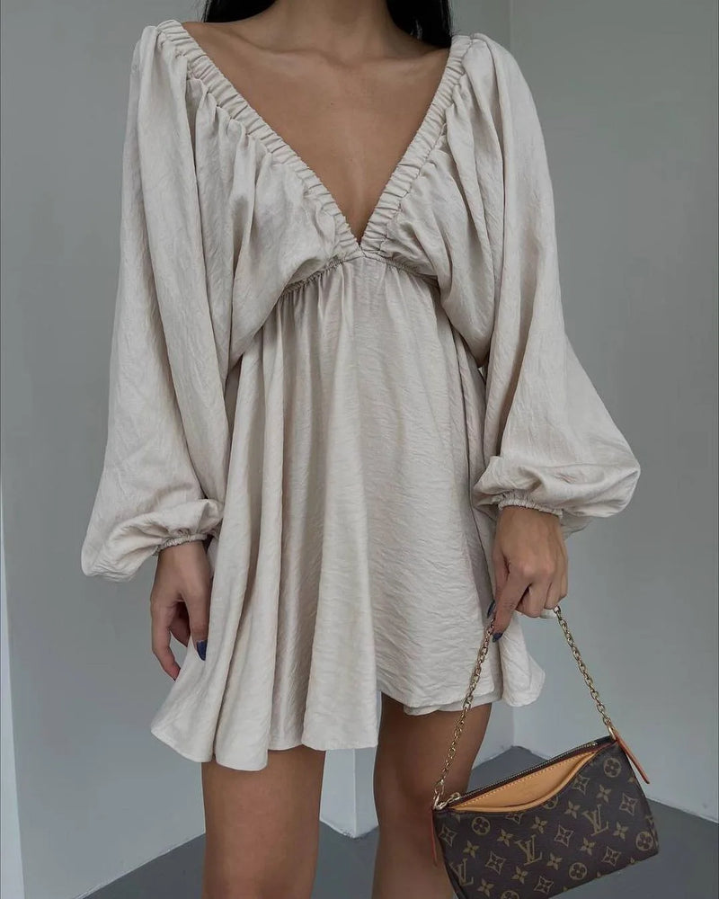 New Casual V-Neck Long Sleeve Dress with Bubble Sleeves and Large Swing Skirt 2025 Summer Women's Fashion Loose Mini Dresses