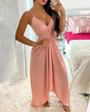 Womens Dresses 2025 Summer New Solid Color V-Neck Lace-Up Sleeveless Sexy Backless Irregular Hem Casual Daily Long Dress