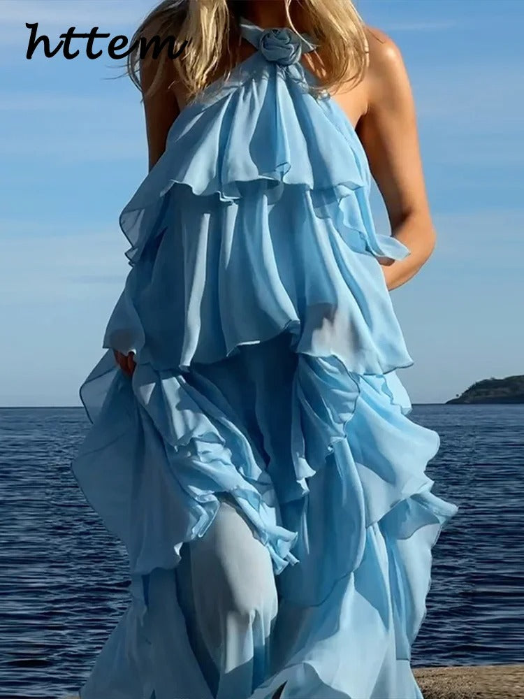 Vestido Longo Elegante com Flores 3D – Estilo Boho Chic para o Verão