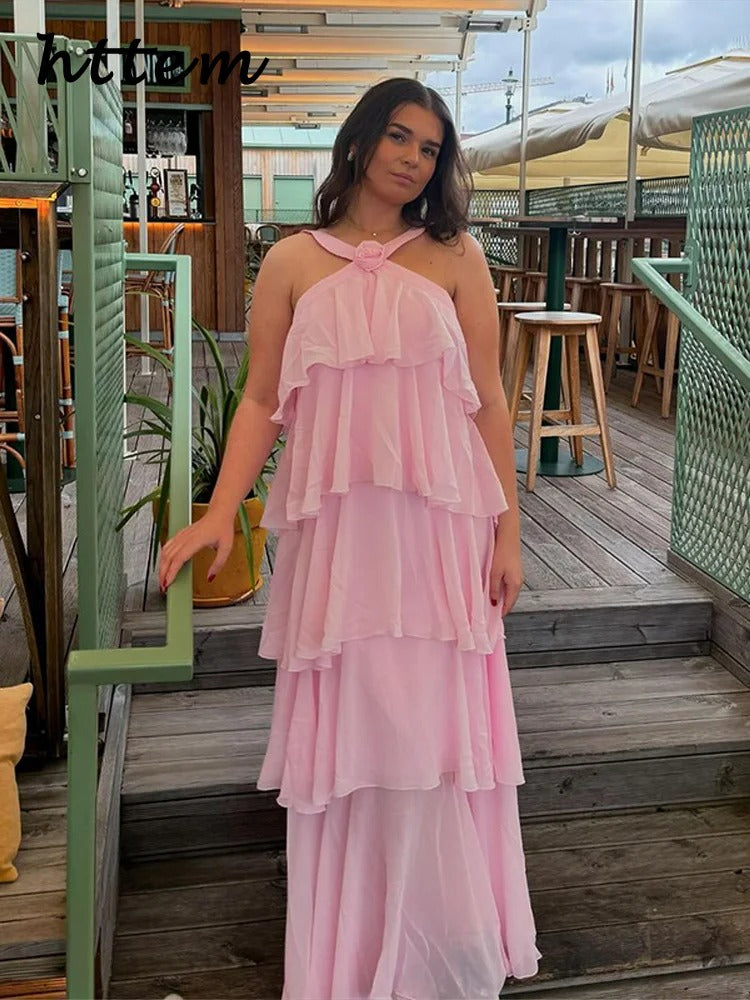 Vestido Longo Elegante com Flores 3D – Estilo Boho Chic para o Verão